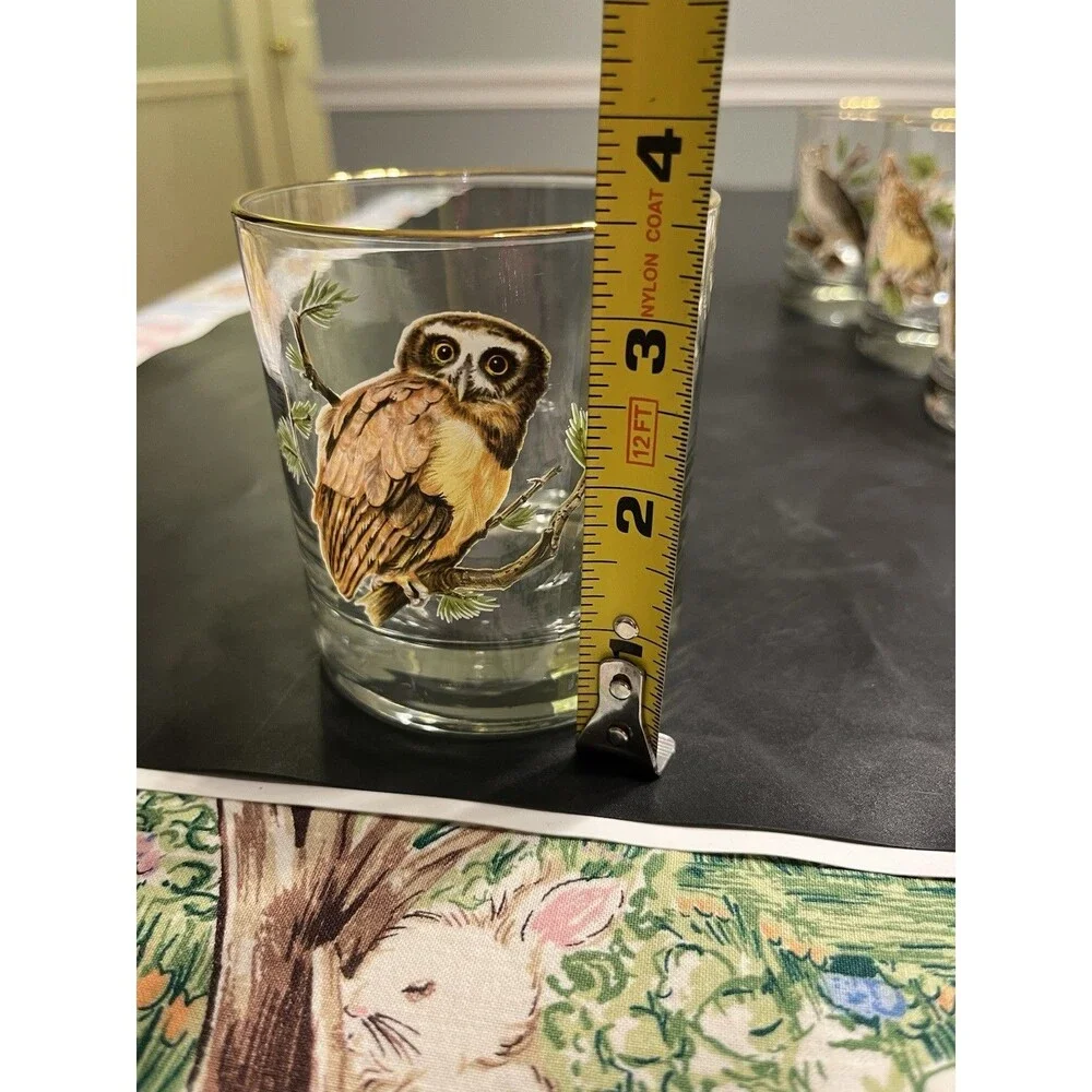 4pc MCM Owl on Branch Gold Rim Tumbler Old Fashion Glasses